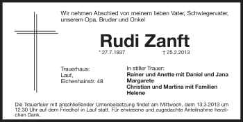 Traueranzeige von Rudi Zanft von Pegnitz-Zeitung
